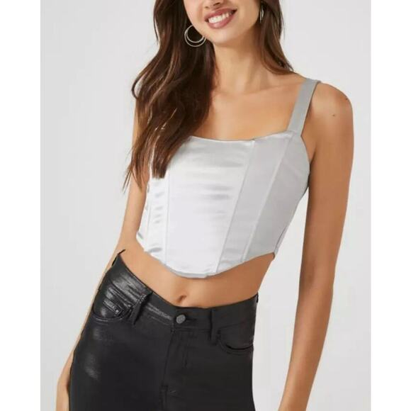 Y2K Forever 21 Silver Satin Corset Top Bustier Coquette Fairycore Women Size L - Picture 5 of 5
